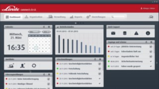 A Linde connect: desk flottakezelő szoftverének „műszerfalán” a flottakezelő egy pillantás alatt át tudja tekinteni az összes fontos használati adatot. Képernyőfelvétel a Linde connect: desk flottakezelő szoftverének „műszerfaláról”, amelyen jól áttekinthető a flotta összes adata.