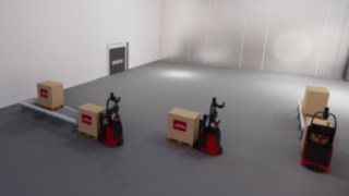 A Linde anyagmozgató gépről anyagmozgató gépre szállítást automatizáló megoldásai Anyagmozgató gépről anyagmozgató gépre szállítás automatizálásának ábrázolása