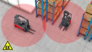 A Linde Safety Guarddal különböző ATEX-zónákat lehet kijelölni, amelyekben a járművek automatikusan lassabban haladnak Az ATEX-zónák megjelölése révén az adott területen csökkenthető az ütközések száma
