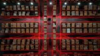 Automatizált targoncákat tartalmazó raktár látképe